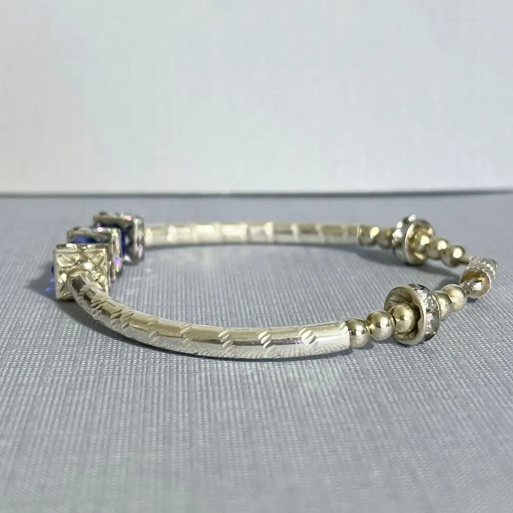 Vintage Bracelet Silver Tone Curved Metal Tube Bead Blue Square Aurora Borealis